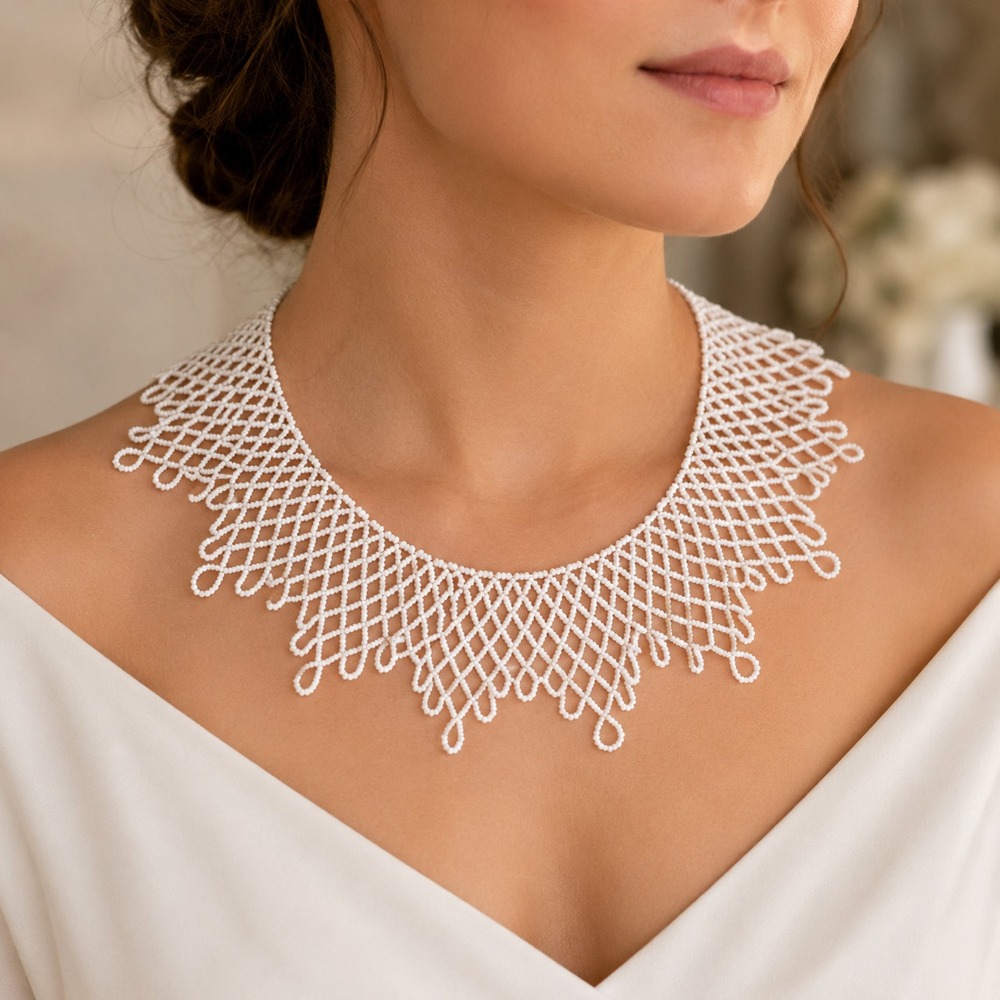 Vintage White Seed Bead Lace Collar Necklace Faux Pearl Bridal Statement Choker